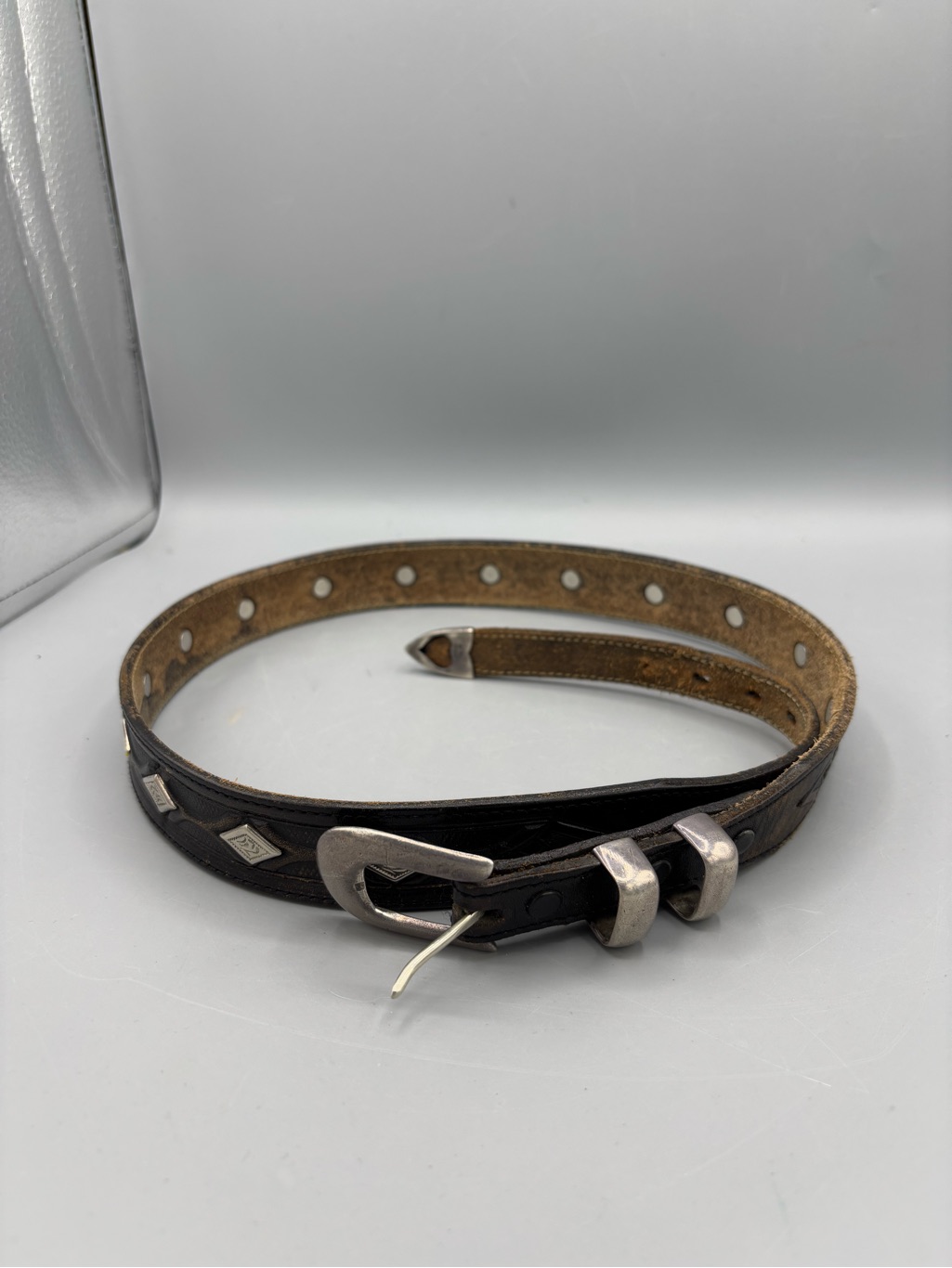 Vintage Signed Douglas Magnus Sterling Silver Black Leathee Belt